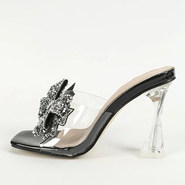 Xajzpa Fashion Silver Sequined Butterfly Knot Women Transparent Slippers Summer Square Toe Clear High Heels Sandals Female Shoes